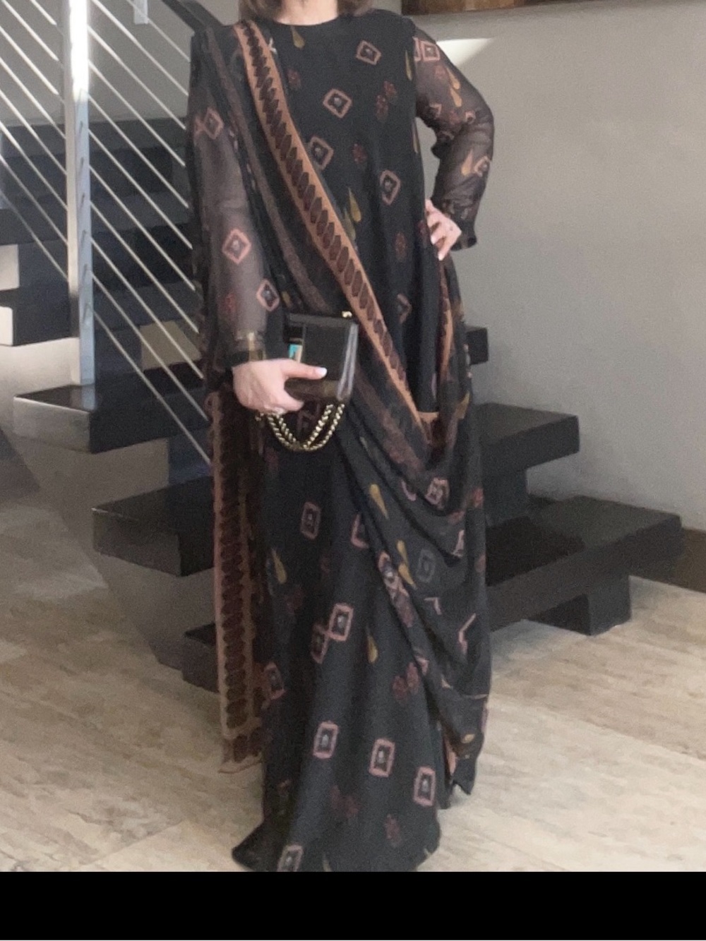 Elegant Black sari Maxi Dress with Brown Accent Print